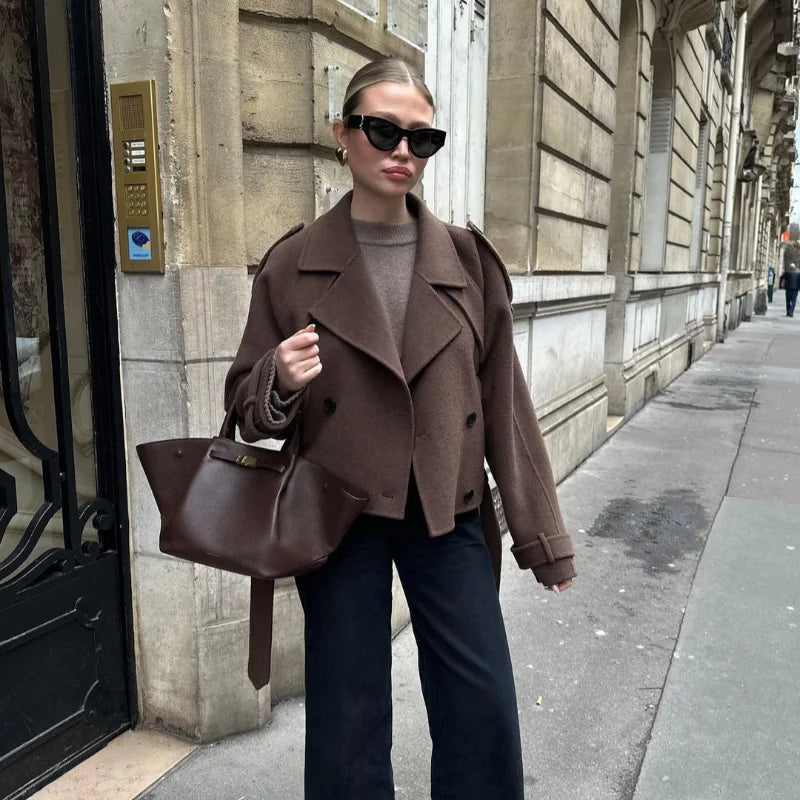 Elegant Grey Belt Long Wollen Coat Women Lapel Double Breasted Street Coats Female 2025 Autumn Winter New Lady Peacoat
