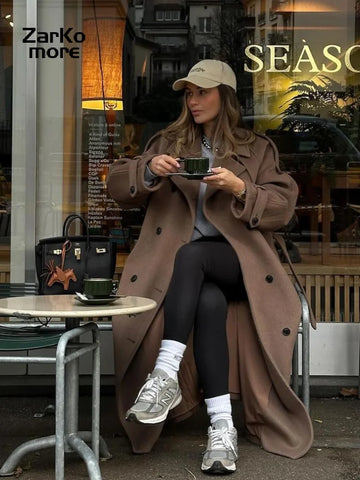 Elegant Grey Belt Long Wollen Coat Women Lapel Double Breasted Street Coats Female 2025 Autumn Winter New Lady Peacoat