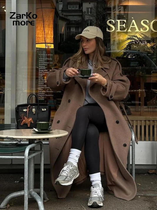 Elegant Grey Belt Long Wollen Coat Women Lapel Double Breasted Street Coats Female 2025 Autumn Winter New Lady Peacoat
