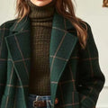 2025 Womens Wool Plaid Jacket Vintage Style Mid Length Lapel Coat Classic Double Breasted Trench Coat Autumn Winter Warm