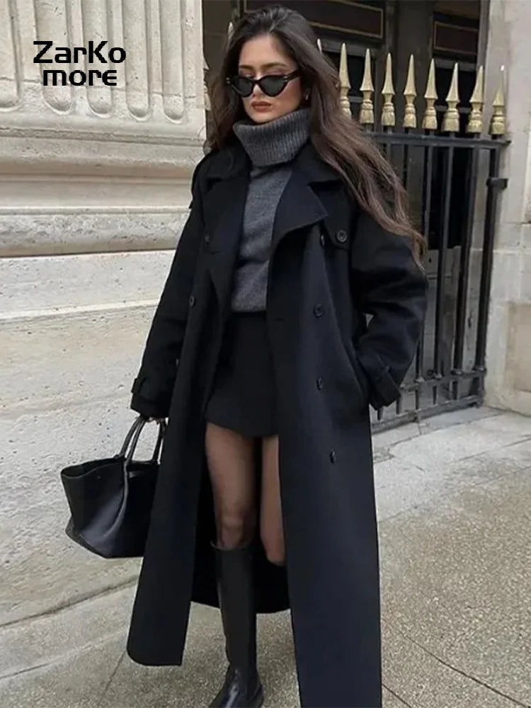 Elegant Grey Belt Long Wollen Coat Women Lapel Double Breasted Street Coats Female 2025 Autumn Winter New Lady Peacoat