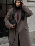 Elegant Women's Brown Wool Blend Overcoats Chic Shoulder Pads Single-breasted Long Sleeve Coats Autumn 2025 Commuter Outerwears