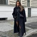 Elegant Grey Belt Long Wollen Coat Women Lapel Double Breasted Street Coats Female 2025 Autumn Winter New Lady Peacoat