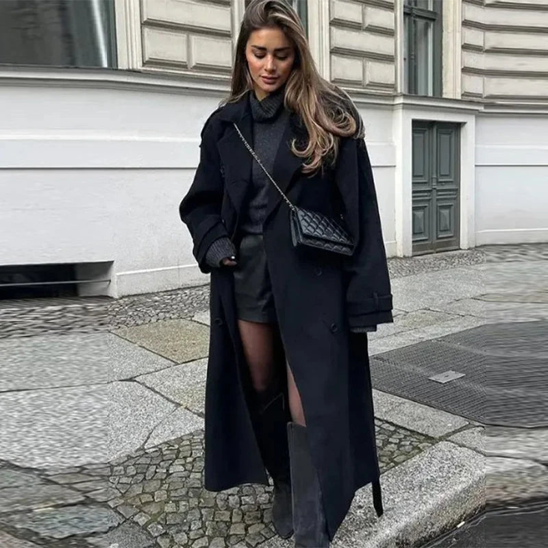 Elegant Grey Belt Long Wollen Coat Women Lapel Double Breasted Street Coats Female 2025 Autumn Winter New Lady Peacoat