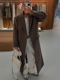 Elegant Women's Brown Wool Blend Overcoats Chic Shoulder Pads Single-breasted Long Sleeve Coats Autumn 2025 Commuter Outerwears