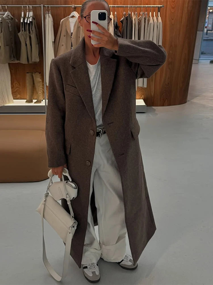 Elegant Women's Brown Wool Blend Overcoats Chic Shoulder Pads Single-breasted Long Sleeve Coats Autumn 2025 Commuter Outerwears