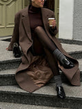 Elegant Women's Brown Wool Blend Overcoats Chic Shoulder Pads Single-breasted Long Sleeve Coats Autumn 2025 Commuter Outerwears