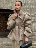 Elegant Women's Brown Wool Blend Overcoats Chic Shoulder Pads Single-breasted Long Sleeve Coats Autumn 2025 Commuter Outerwears