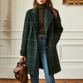 2025 Womens Wool Plaid Jacket Vintage Style Mid Length Lapel Coat Classic Double Breasted Trench Coat Autumn Winter Warm
