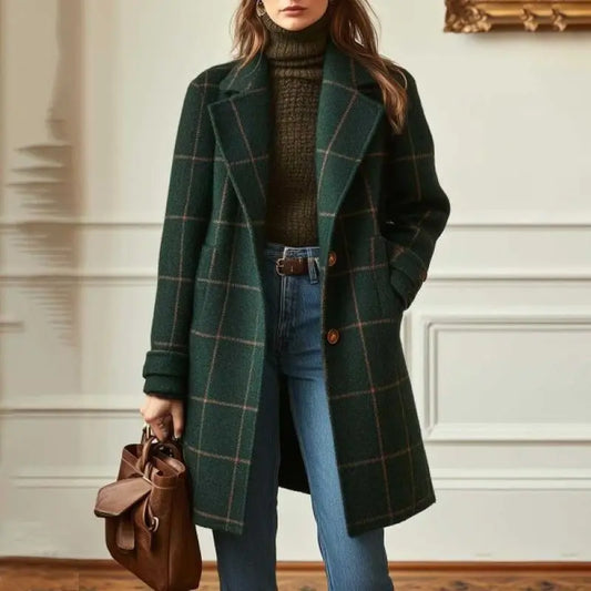 2025 Womens Wool Plaid Jacket Vintage Style Mid Length Lapel Coat Classic Double Breasted Trench Coat Autumn Winter Warm