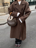 Elegant Grey Belt Long Wollen Coat Women Lapel Double Breasted Street Coats Female 2025 Autumn Winter New Lady Peacoat