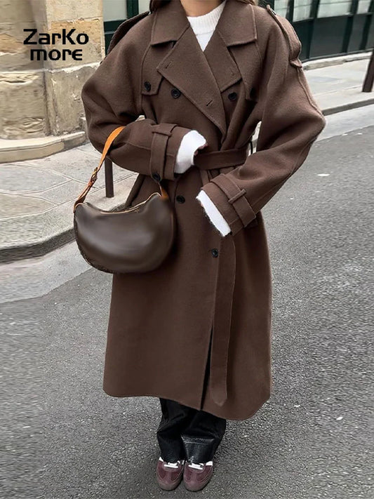 Elegant Grey Belt Long Wollen Coat Women Lapel Double Breasted Street Coats Female 2025 Autumn Winter New Lady Peacoat