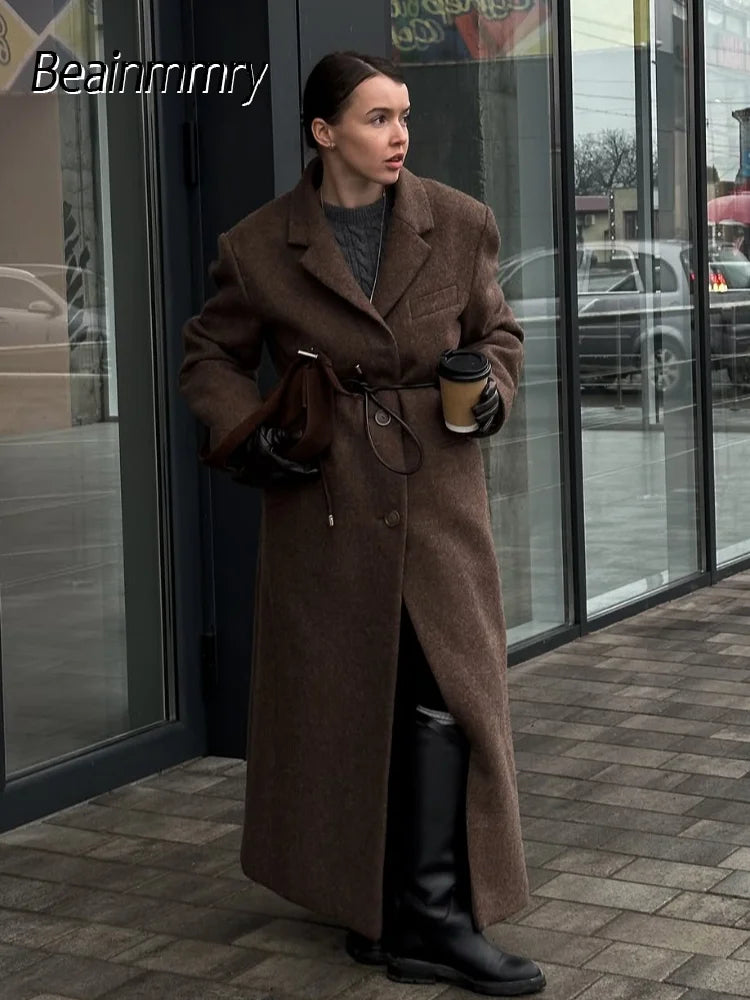 Elegant Women's Brown Wool Blend Overcoats Chic Shoulder Pads Single-breasted Long Sleeve Coats Autumn 2025 Commuter Outerwears