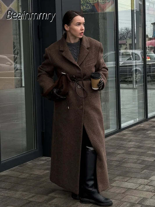 Elegant Women's Brown Wool Blend Overcoats Chic Shoulder Pads Single-breasted Long Sleeve Coats Autumn 2025 Commuter Outerwears