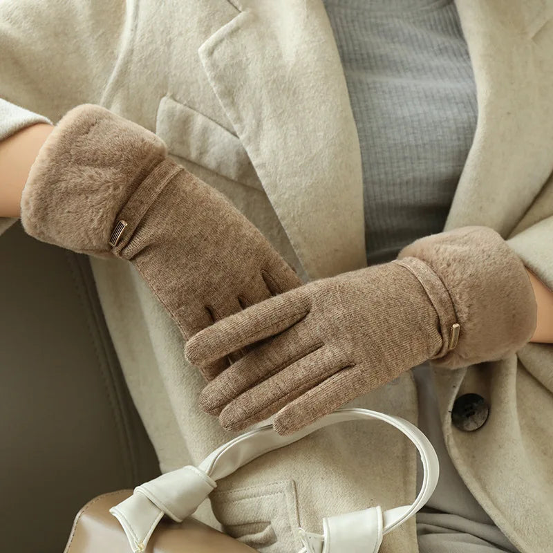 Winter Women Keep Warm Plus Velvet Touch Screen Thicken Plush Wrist Suede Gloves Fashion Personality Elegant Drive Cycling