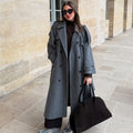 Elegant Grey Belt Long Wollen Coat Women Lapel Double Breasted Street Coats Female 2025 Autumn Winter New Lady Peacoat