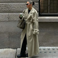 Elegant Grey Belt Long Wollen Coat Women Lapel Double Breasted Street Coats Female 2025 Autumn Winter New Lady Peacoat