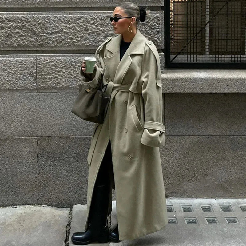 Elegant Grey Belt Long Wollen Coat Women Lapel Double Breasted Street Coats Female 2025 Autumn Winter New Lady Peacoat