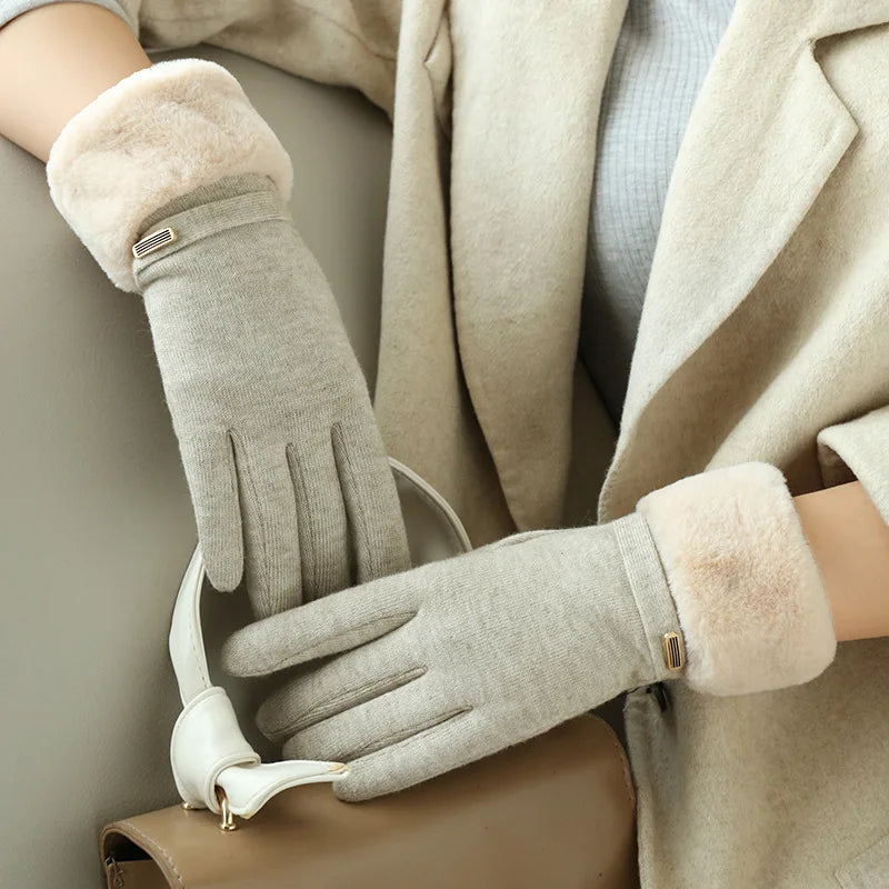 Winter Women Keep Warm Plus Velvet Touch Screen Thicken Plush Wrist Suede Gloves Fashion Personality Elegant Drive Cycling