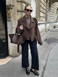 Elegant Grey Belt Long Wollen Coat Women Lapel Double Breasted Street Coats Female 2025 Autumn Winter New Lady Peacoat