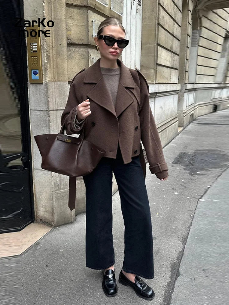 Elegant Grey Belt Long Wollen Coat Women Lapel Double Breasted Street Coats Female 2025 Autumn Winter New Lady Peacoat