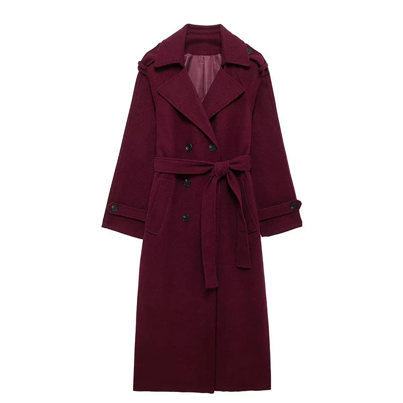 Elegant Grey Belt Long Wollen Coat Women Lapel Double Breasted Street Coats Female 2025 Autumn Winter New Lady Peacoat