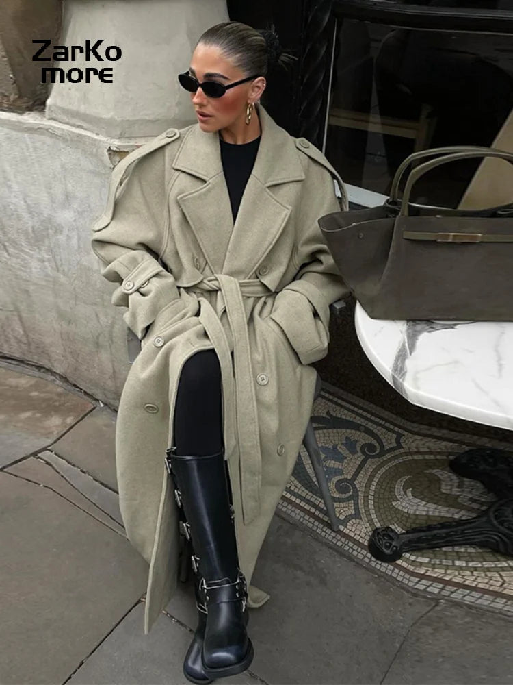 Elegant Grey Belt Long Wollen Coat Women Lapel Double Breasted Street Coats Female 2025 Autumn Winter New Lady Peacoat