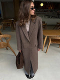 Elegant Women's Brown Wool Blend Overcoats Chic Shoulder Pads Single-breasted Long Sleeve Coats Autumn 2025 Commuter Outerwears