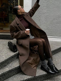 Elegant Women's Brown Wool Blend Overcoats Chic Shoulder Pads Single-breasted Long Sleeve Coats Autumn 2025 Commuter Outerwears