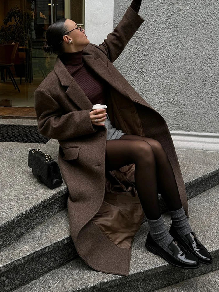 Elegant Women's Brown Wool Blend Overcoats Chic Shoulder Pads Single-breasted Long Sleeve Coats Autumn 2025 Commuter Outerwears