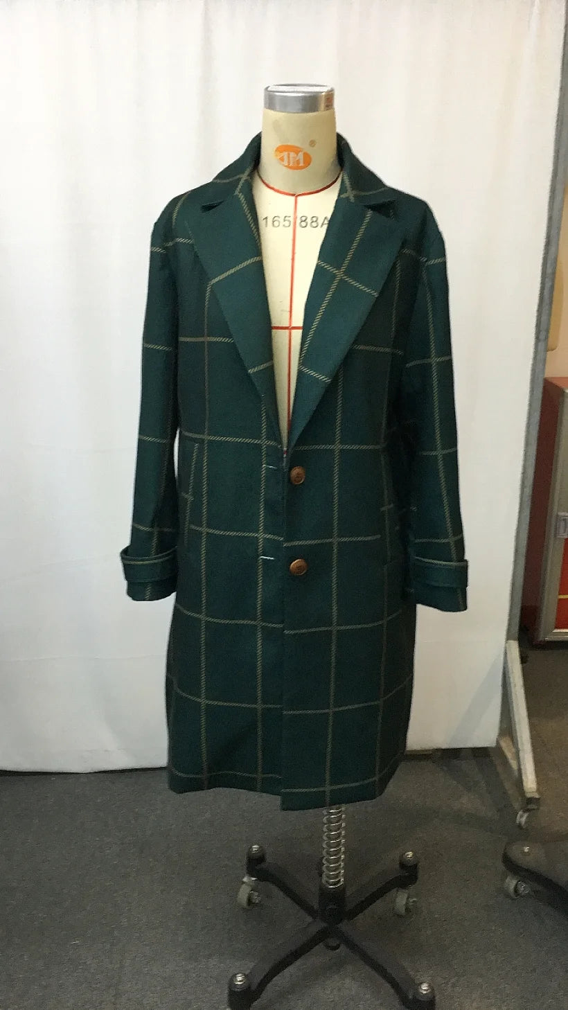 2025 Womens Wool Plaid Jacket Vintage Style Mid Length Lapel Coat Classic Double Breasted Trench Coat Autumn Winter Warm