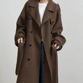 Elegant Grey Belt Long Wollen Coat Women Lapel Double Breasted Street Coats Female 2025 Autumn Winter New Lady Peacoat