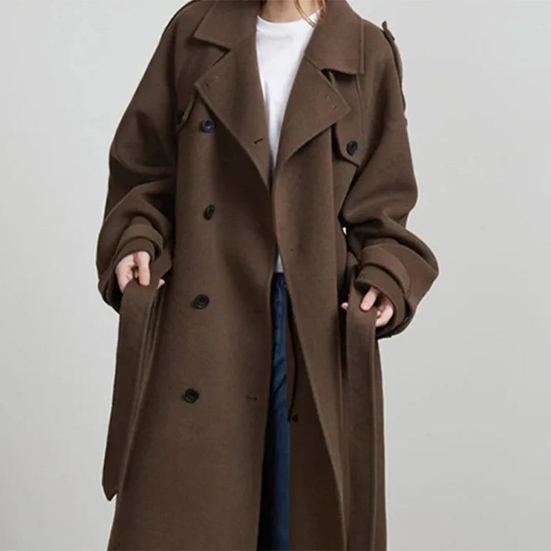 Elegant Grey Belt Long Wollen Coat Women Lapel Double Breasted Street Coats Female 2025 Autumn Winter New Lady Peacoat