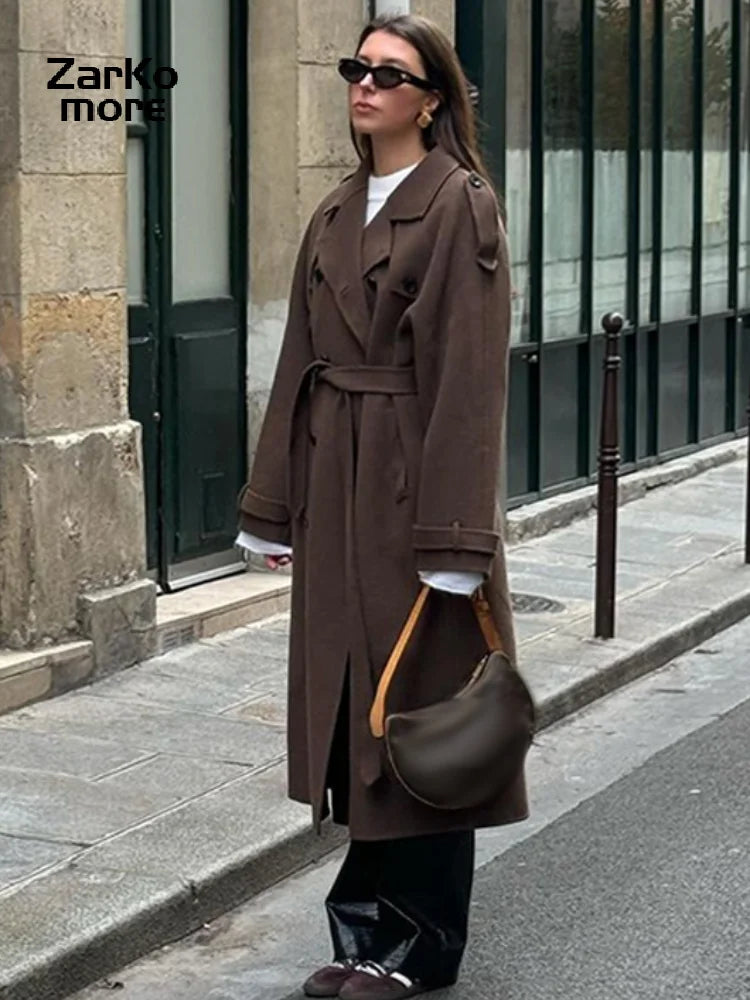 Elegant Grey Belt Long Wollen Coat Women Lapel Double Breasted Street Coats Female 2025 Autumn Winter New Lady Peacoat